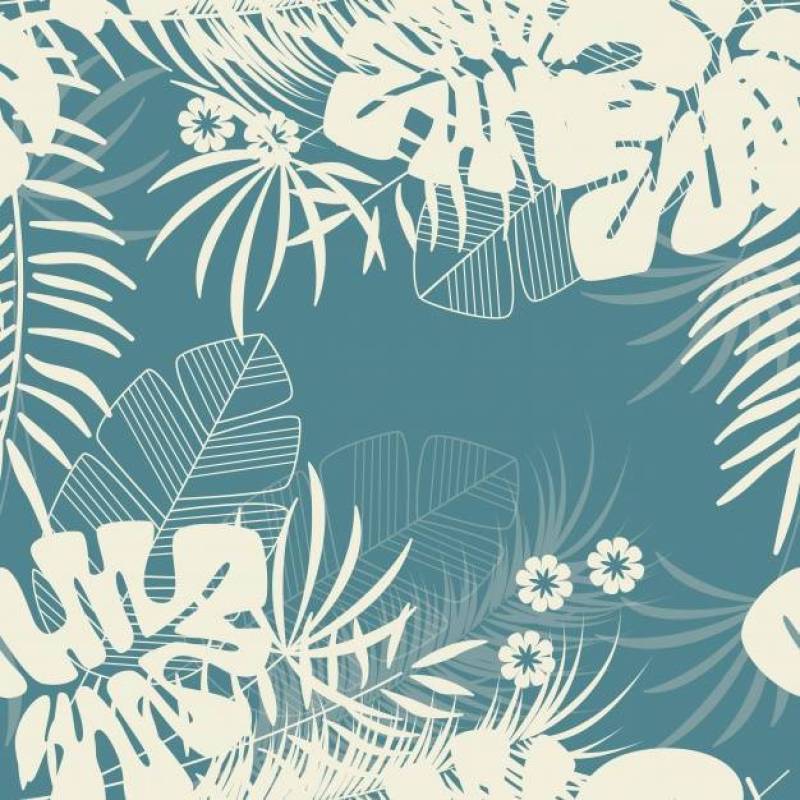 夏季无缝热带模式与龟背竹叶和植物在蓝色背景上