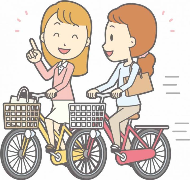 自転车女性-自転车并走-全身