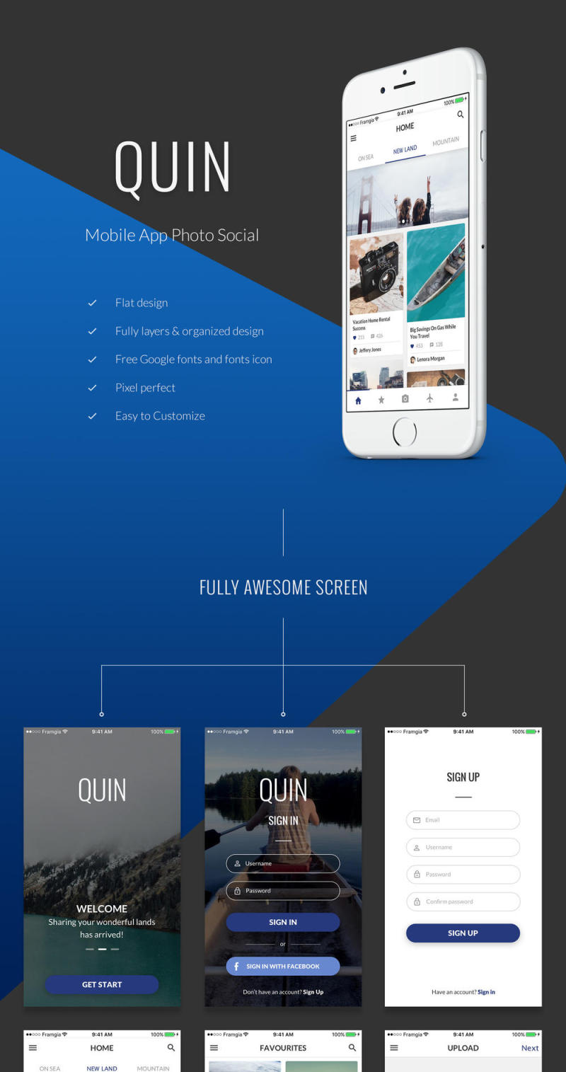照片和社交移动应用程序UI工具包，QUIN UI工具包