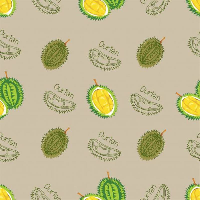Seamless pattern with durian and durian meat on beige background, vector illustration
