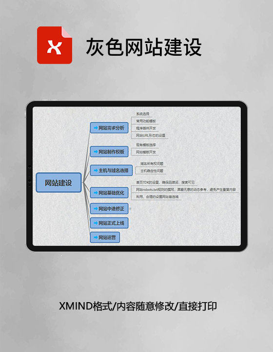 思维导图简洁灰色网站建设XMind模板 思维导图简洁灰色网站建设XMind模板