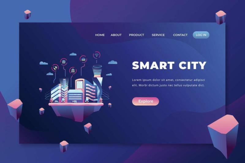 智慧城市psd和ai矢量登陆页面UI界面插画设计smart city psd and ai vector landing page