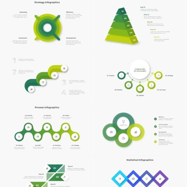 深色系绿色商业产品流程图关系图圆形PPT素材元素 Infographic Green