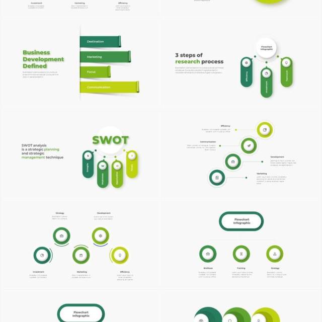 深色系绿色商业产品流程图关系图圆形PPT素材元素 Infographic Green