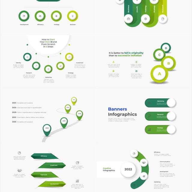 深色系绿色商业产品流程图关系图圆形PPT素材元素 Infographic Green