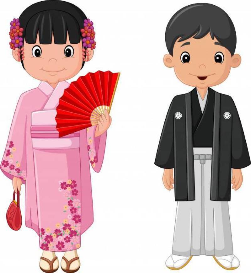 卡通日本夫妇穿着传统服饰