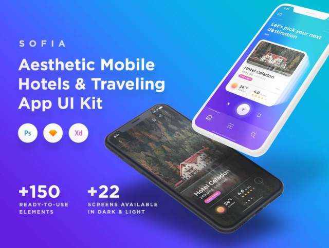 适用于Sketch，Photoshop和XD。，Sofia iOS UI Kit的优雅移动酒店和旅行UI工具包