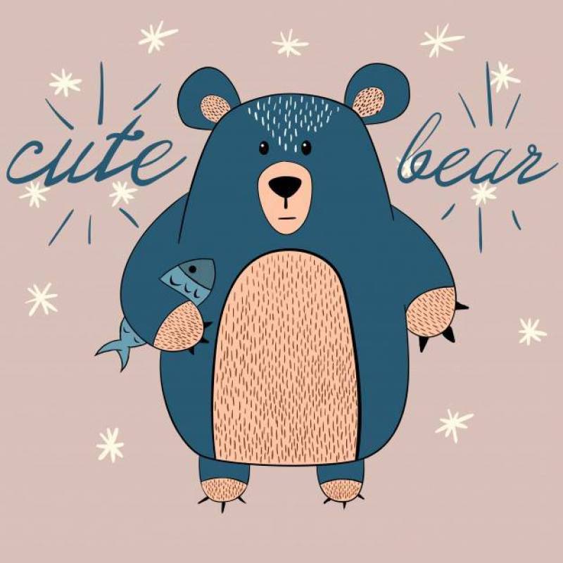 Cute bear with fish illustration. Idea for print t-shirt.