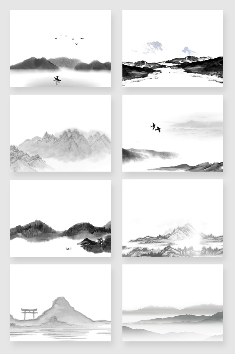 黑白水墨国画山水风景画素材