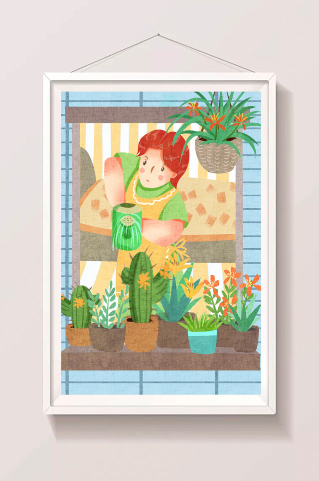 清新唯美节气处暑女性生活浇花插画 清新唯美节气处暑女性生活浇花插画