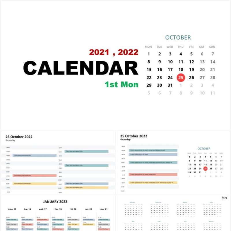 2021-2022年日历第一个星期一PPT素材图表Calendar 1st Monday