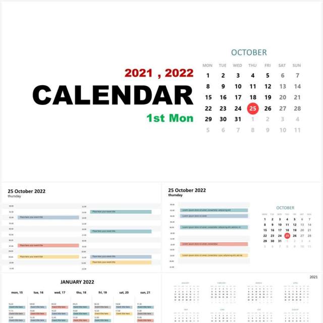 2021-2022年日历第一个星期一PPT素材图表Calendar 1st Monday