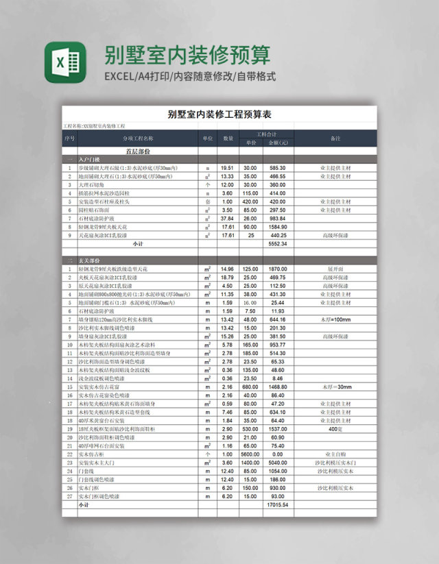 别墅室内装修预算表Excel模板