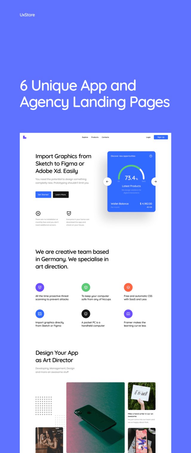 6独特的应用和局着陆页，UxStore模板
