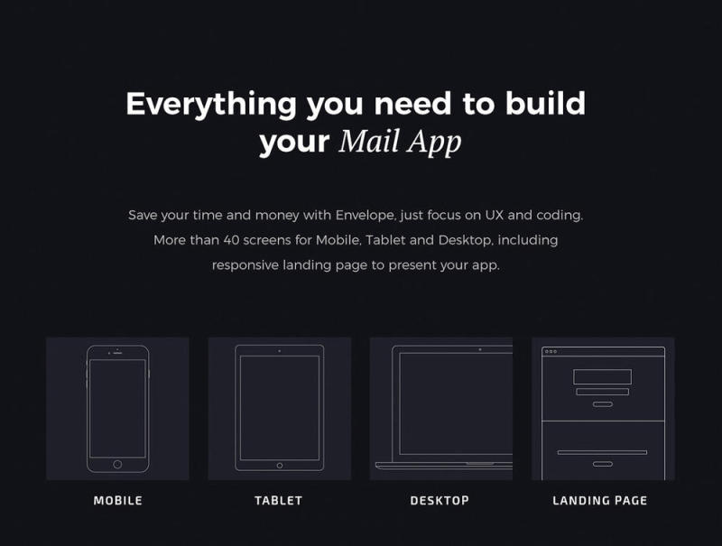 邮件应用程序用户界面的桌面，平板电脑和移动40 +屏幕，信封启动用户界面工具包