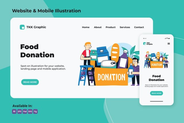 食物捐赠公益网站和手机界面设计插画矢量素材Food Donation web and mobile