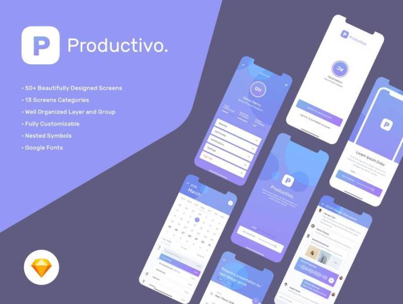 具有50多个iOS屏幕的Productivity Mobile App UI Kit，采用Sketch。，Productivo Mobile UI Kit设计