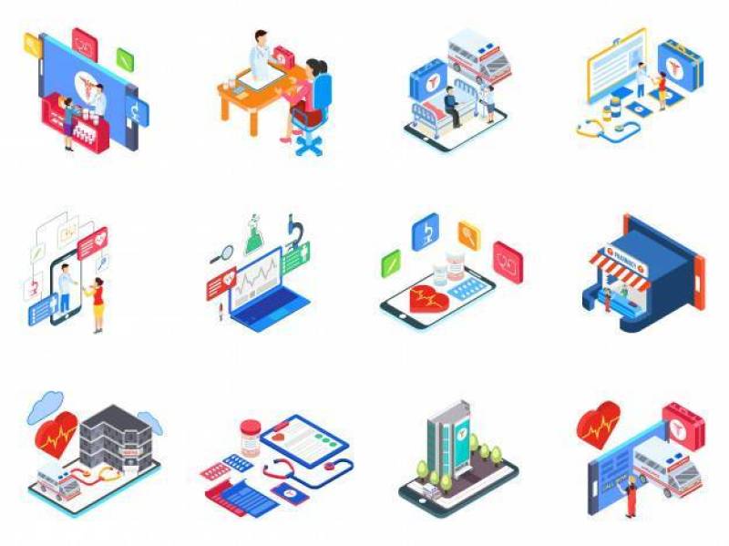 医疗保健服务元素和设备等距图标插画矢量素材下载