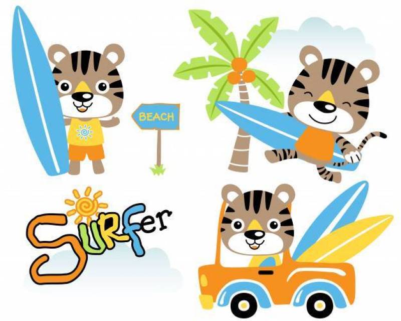 Vector set of funny cat the surfboarder