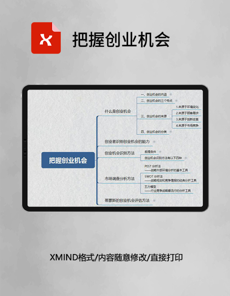 思维导图简洁把握创业机会XMind模板