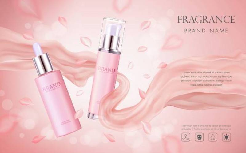 Elegant cosmetic advertising with pink floral petals and silk texture