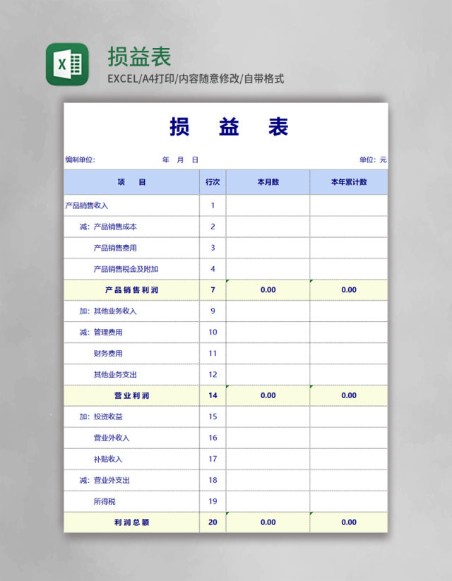 损益表excel模版表格