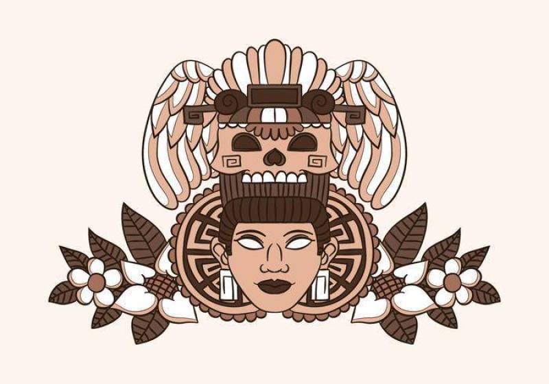 装饰阿兹台克人与民族头骨和叶子与花的女人