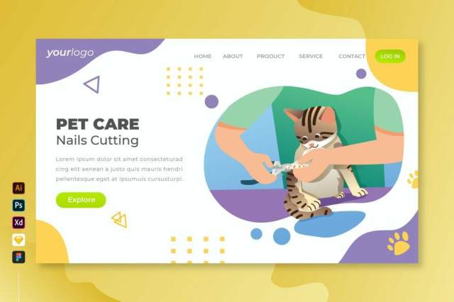 宠物护理指甲矢量插画登录页UI界面AI设计pet care nails cutting vector landing page