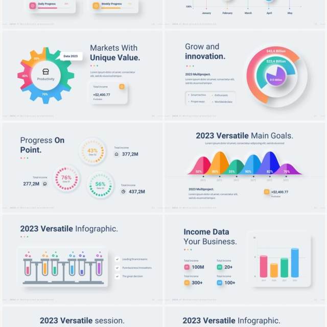 简洁新创意国外信息图形图表PPT模板幻灯片演示2023 Versatile Infographic Custom Light