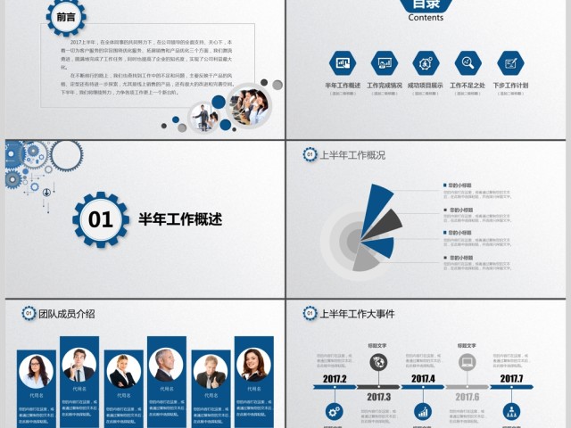 2017蓝色商务齿轮汇报总结ppt模板