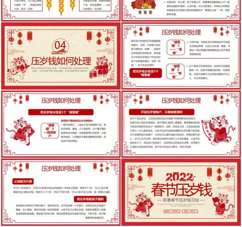 红色剪纸中国风春节压岁钱习俗PPT模板
