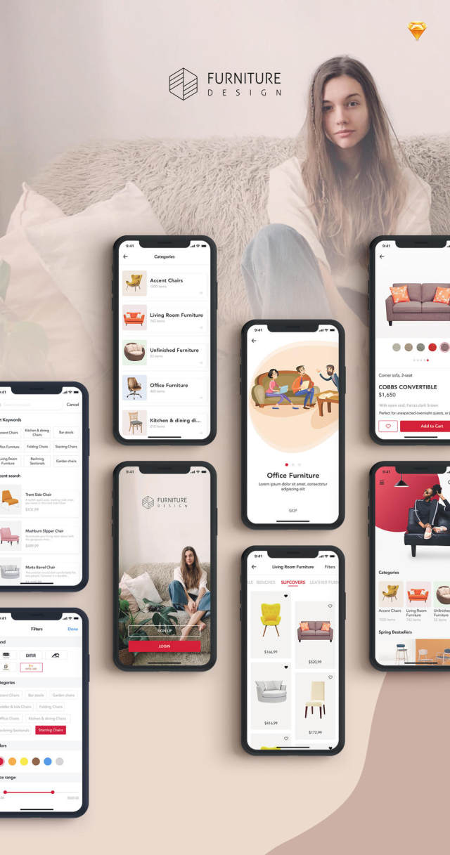 家具设计UI套件采用Sketch，XD和Figma设计，家具设计UI套件