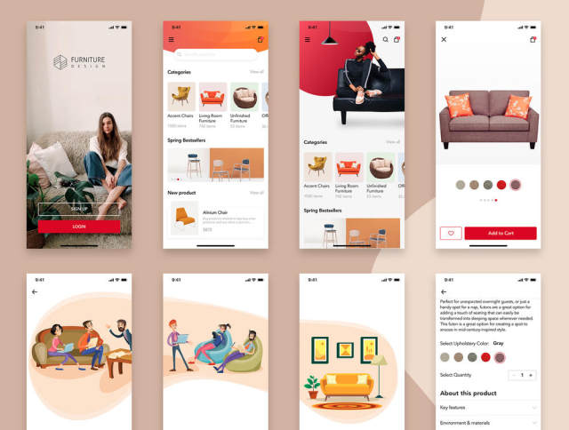 家具设计UI套件采用Sketch，XD和Figma设计，家具设计UI套件