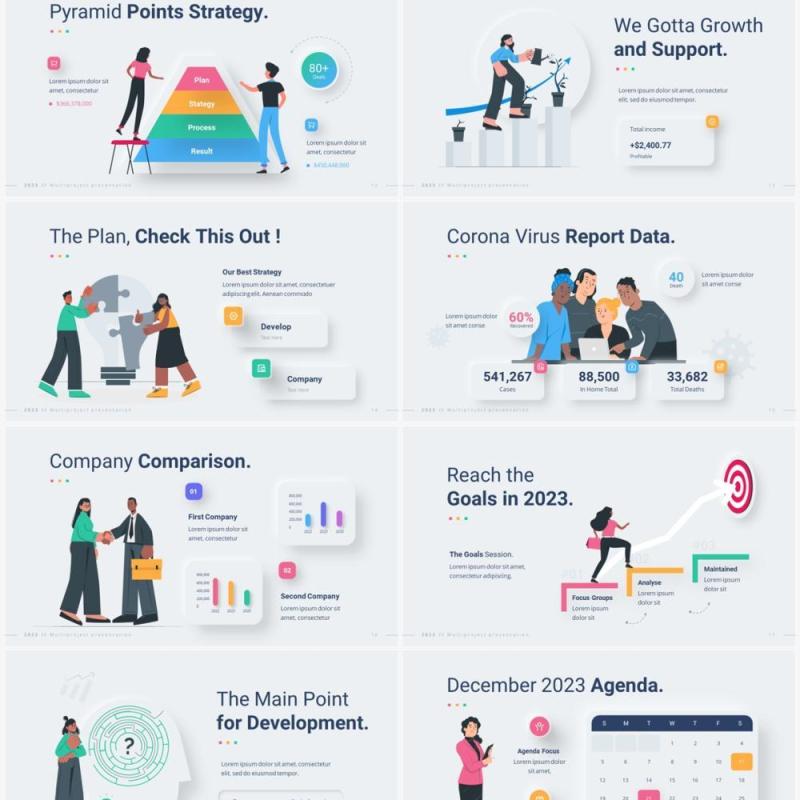 简洁互联网公司介绍产品项目矢量人物插画PPT幻灯片模板2023 Versatile Vector Infographic Light