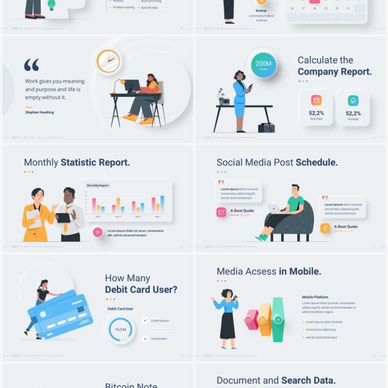 简洁互联网公司介绍产品项目矢量人物插画PPT幻灯片模板2023 Versatile Vector Infographic Light