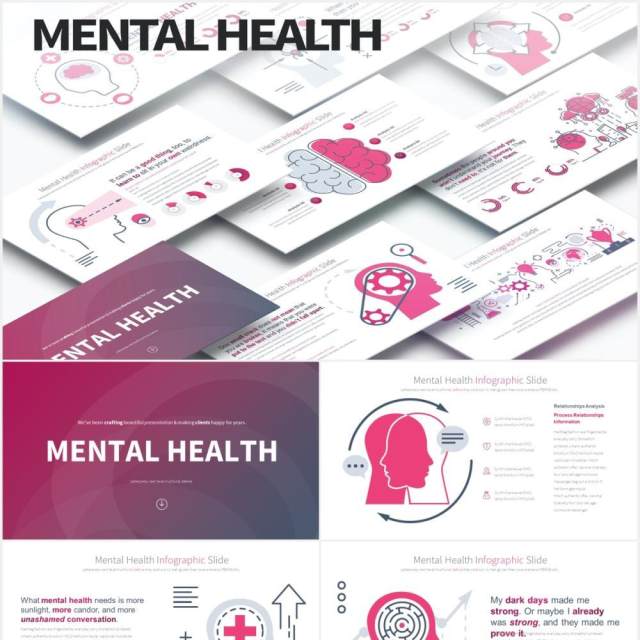11套色系心理健康精神压力创意大脑医疗医学PPT素材MENTAL HEALTH - PowerPoint Infographics
