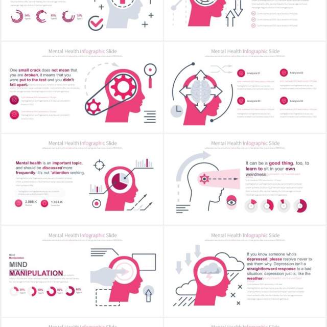 11套色系心理健康精神压力创意大脑医疗医学PPT素材MENTAL HEALTH - PowerPoint Infographics