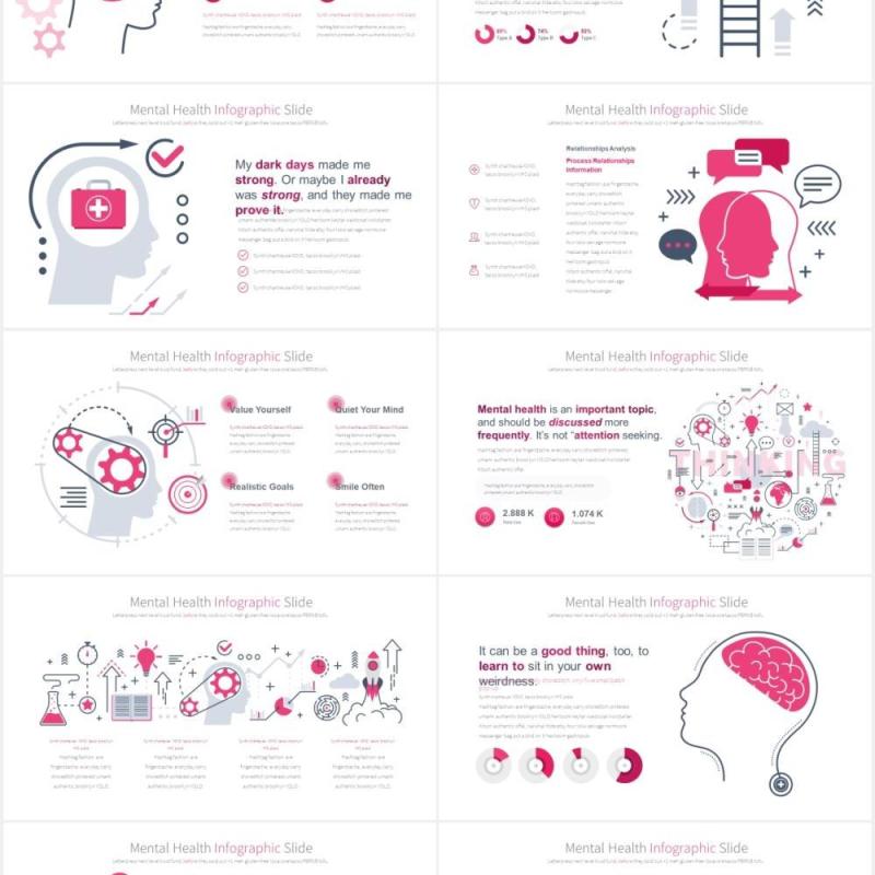 11套色系心理健康精神压力创意大脑医疗医学PPT素材MENTAL HEALTH - PowerPoint Infographics