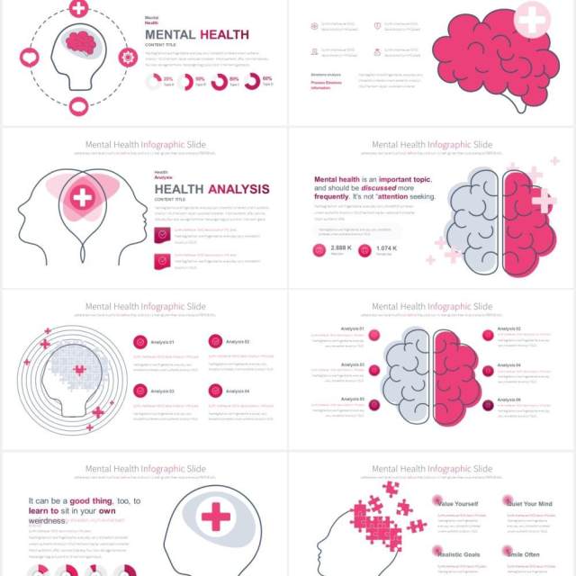 11套色系心理健康精神压力创意大脑医疗医学PPT素材MENTAL HEALTH - PowerPoint Infographics