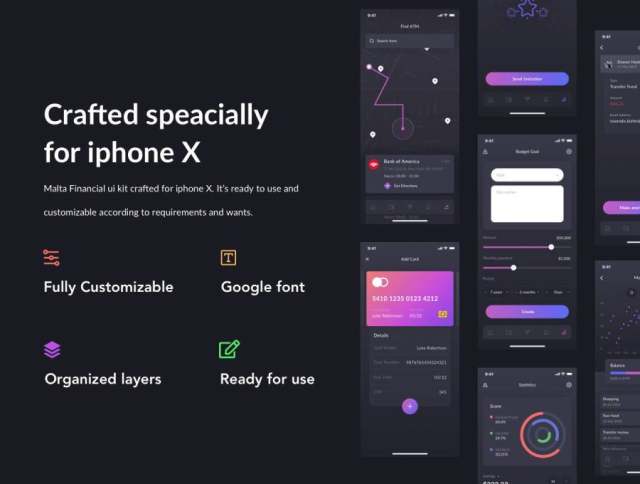 高质量的20多个iOS iPhone X财务应用程序屏幕包，马耳他财务UI工具包