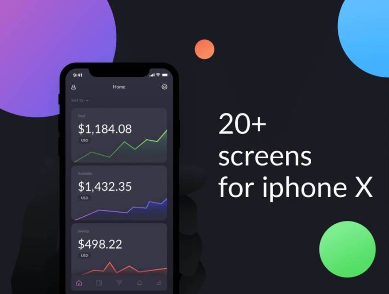 高质量的20多个iOS iPhone X财务应用程序屏幕包，马耳他财务UI工具包
