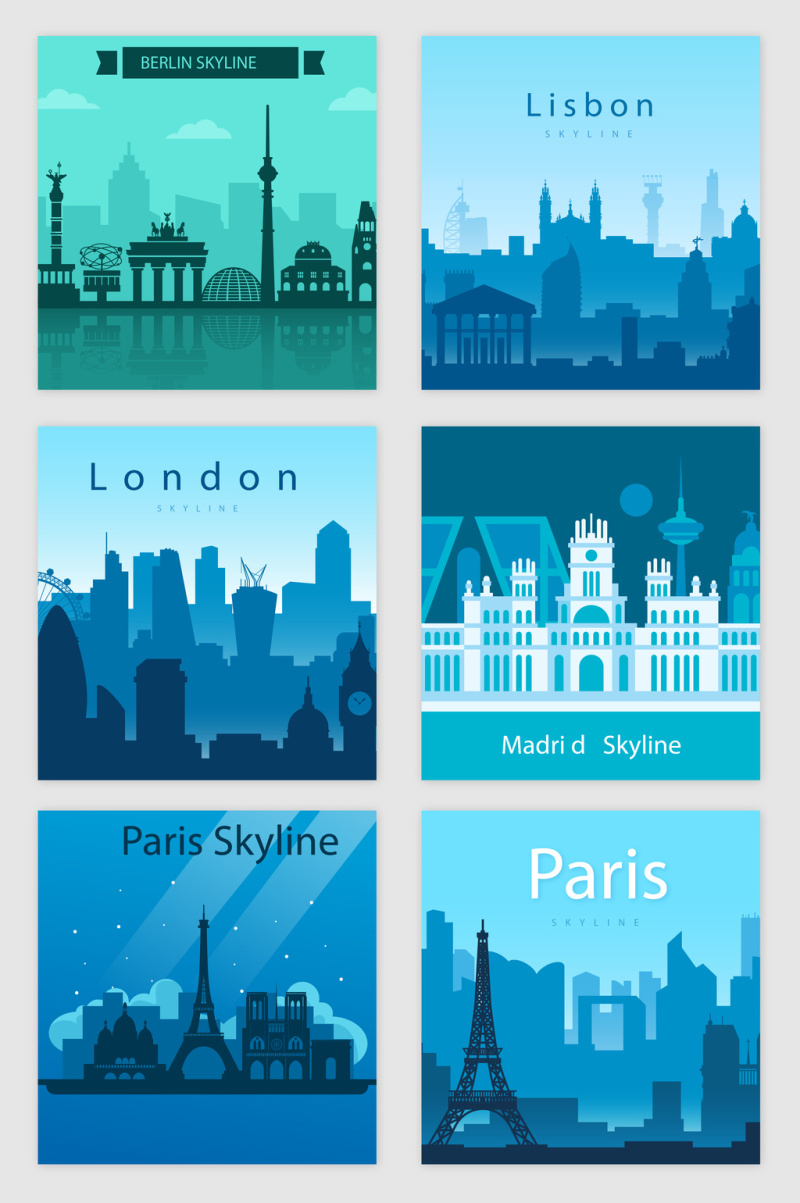 蓝色旅游城市剪影矢量素材