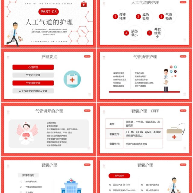 红色卡通风人工气道的护理PPT模板