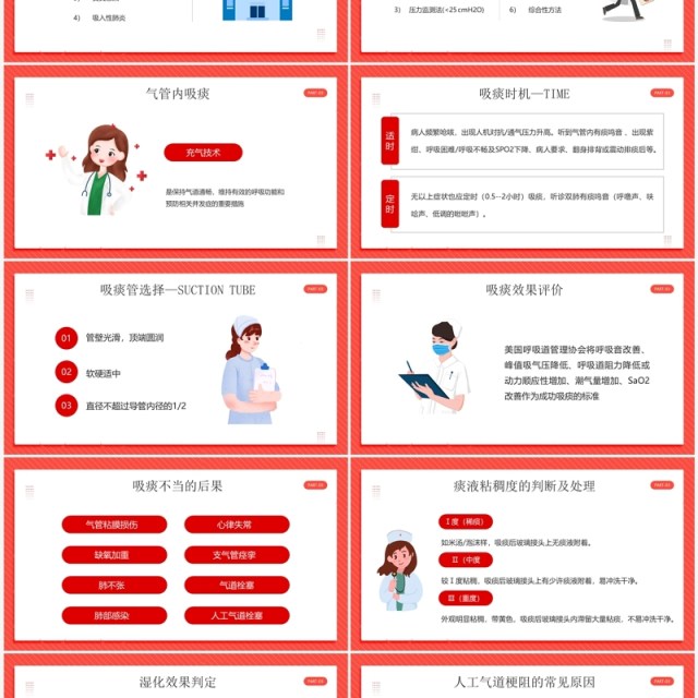 红色卡通风人工气道的护理PPT模板