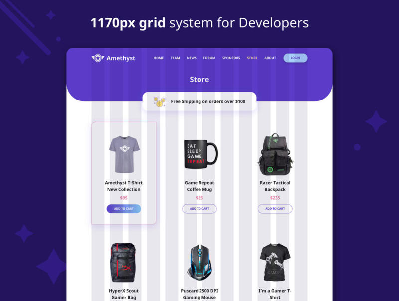 40多个组件和28页网站和移动，紫水晶 - Esports素描模板