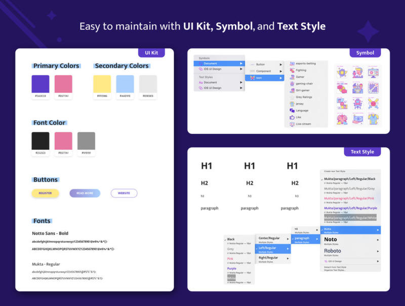 40多个组件和28页网站和移动，紫水晶 - Esports素描模板