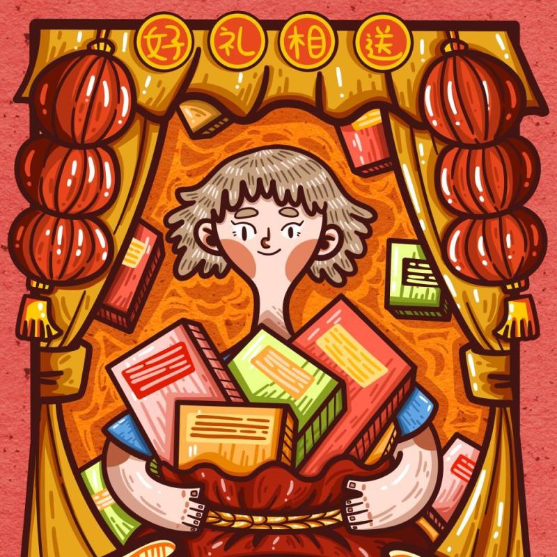 卡通手绘民国风新年春节年货节插画PSD大字报素材66