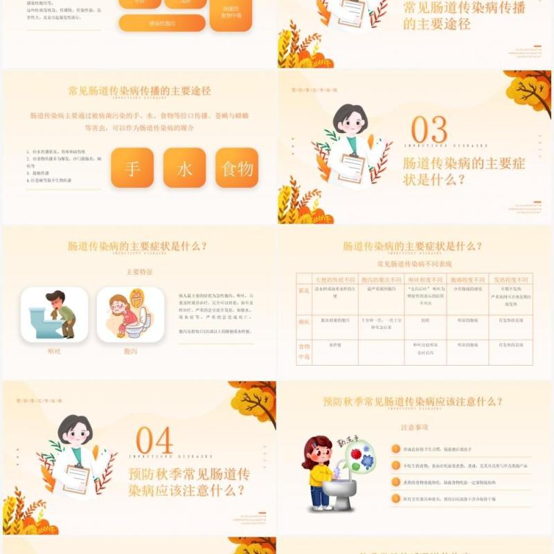 橙色卡通风格秋冬季节常见传染病知识预防宣传PPT模板