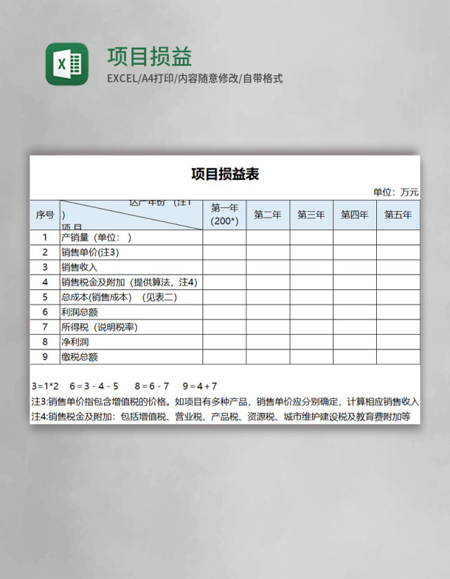 项目损益表格Excel模板