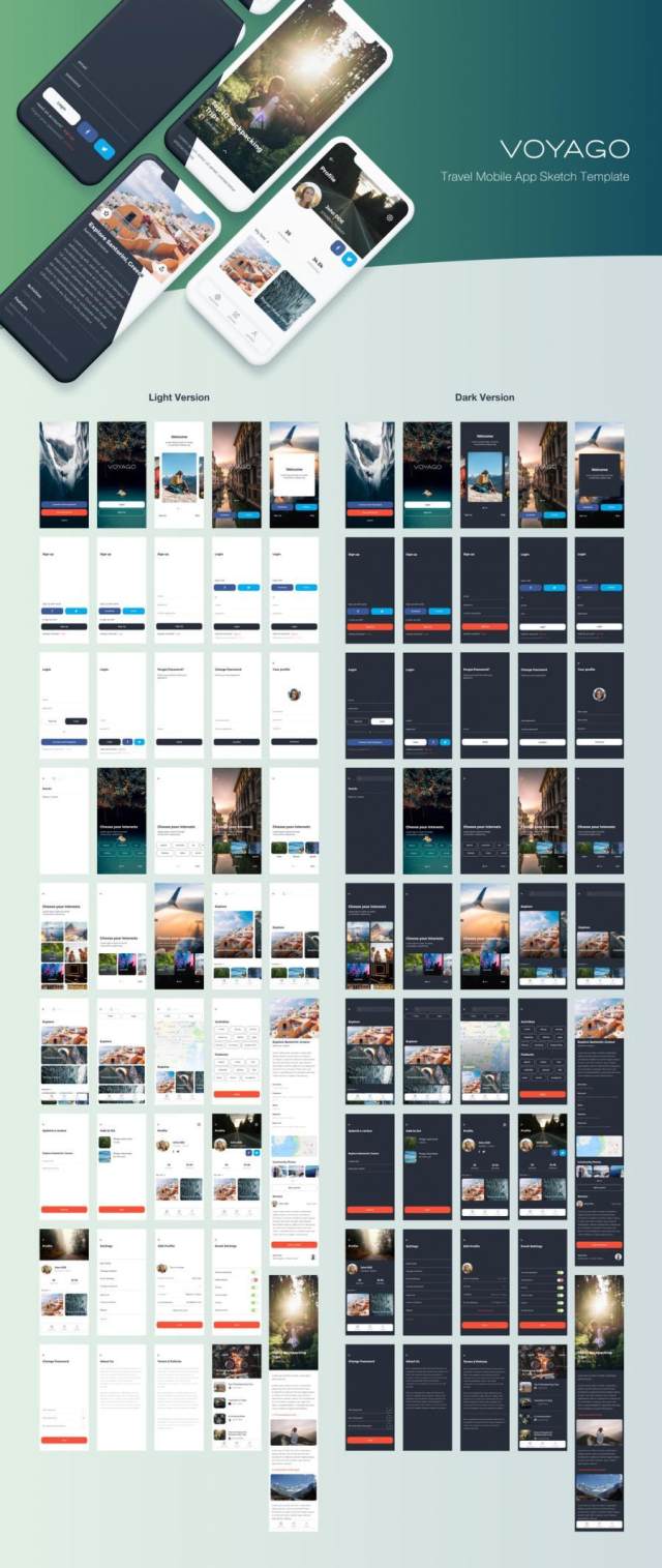 Voyago Travel App设计的旅行应用程序的高品质模板（含sketch源文件）